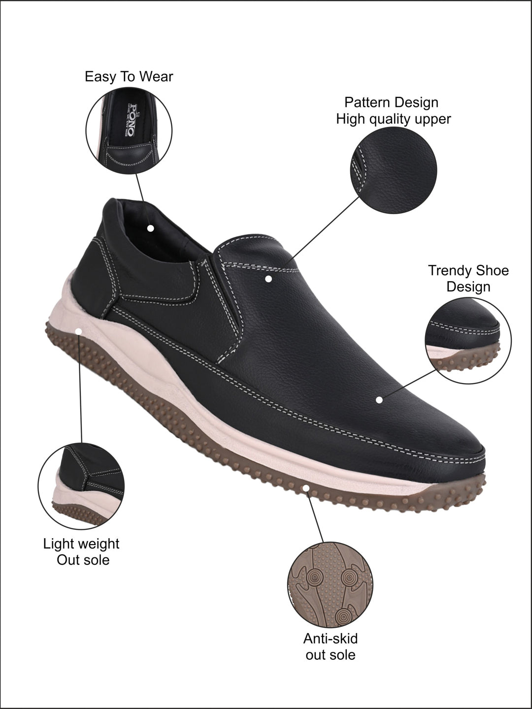 Men's Black Leather Slip-On Casual Sneakers with Contrast Stitching