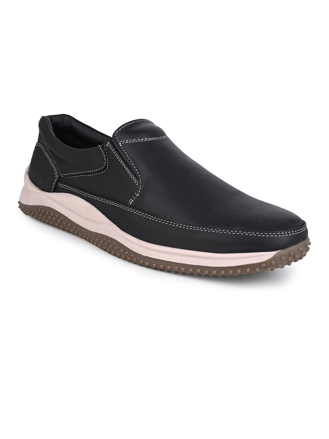 Men's Black Leather Slip-On Casual Sneakers with Contrast Stitching