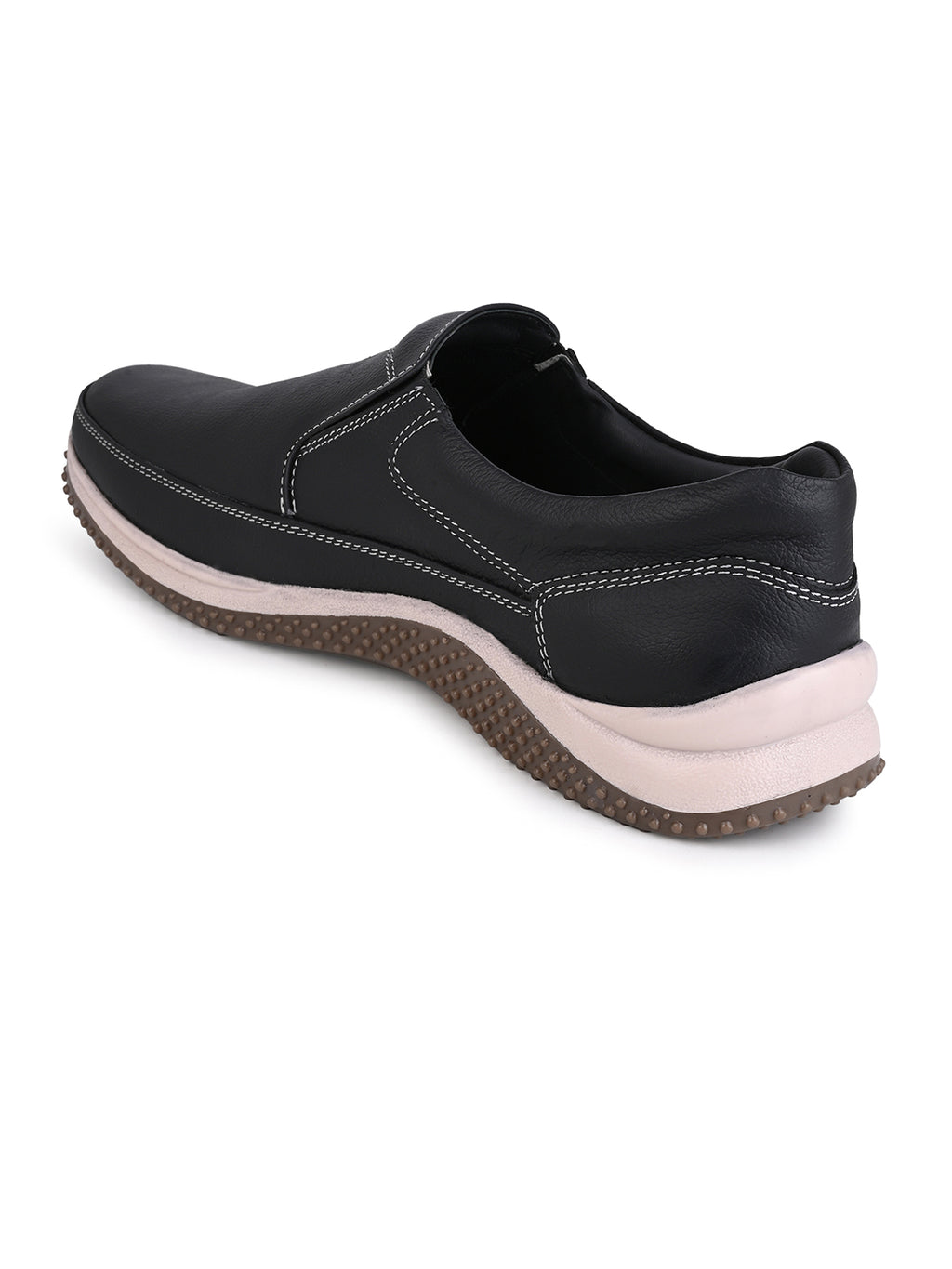 Men's Black Leather Slip-On Casual Sneakers with Contrast Stitching