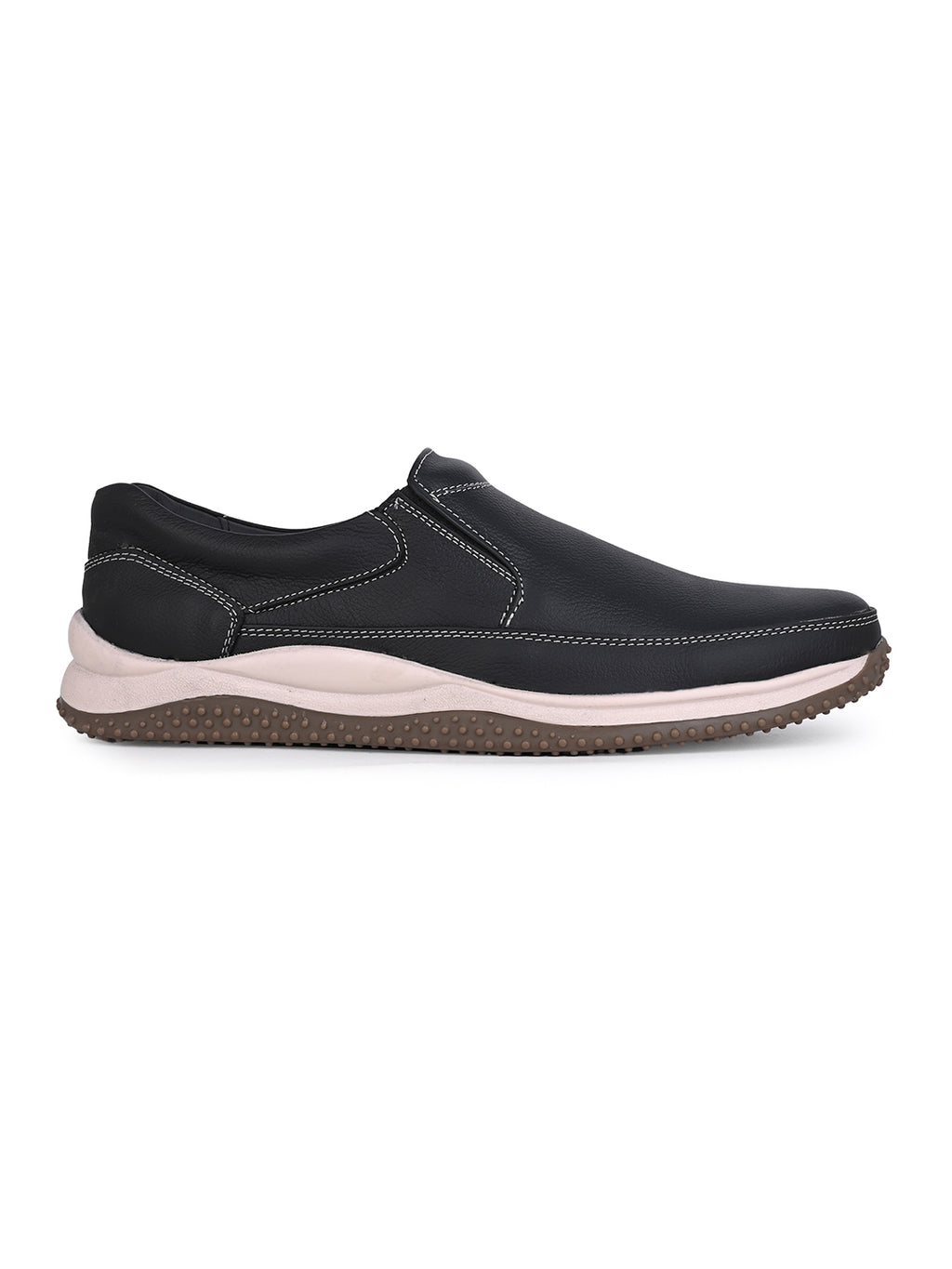 Men's Black Leather Slip-On Casual Sneakers with Contrast Stitching