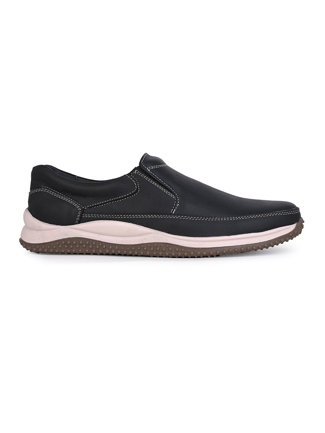 Men's Black Leather Slip-On Casual Sneakers with Contrast Stitching