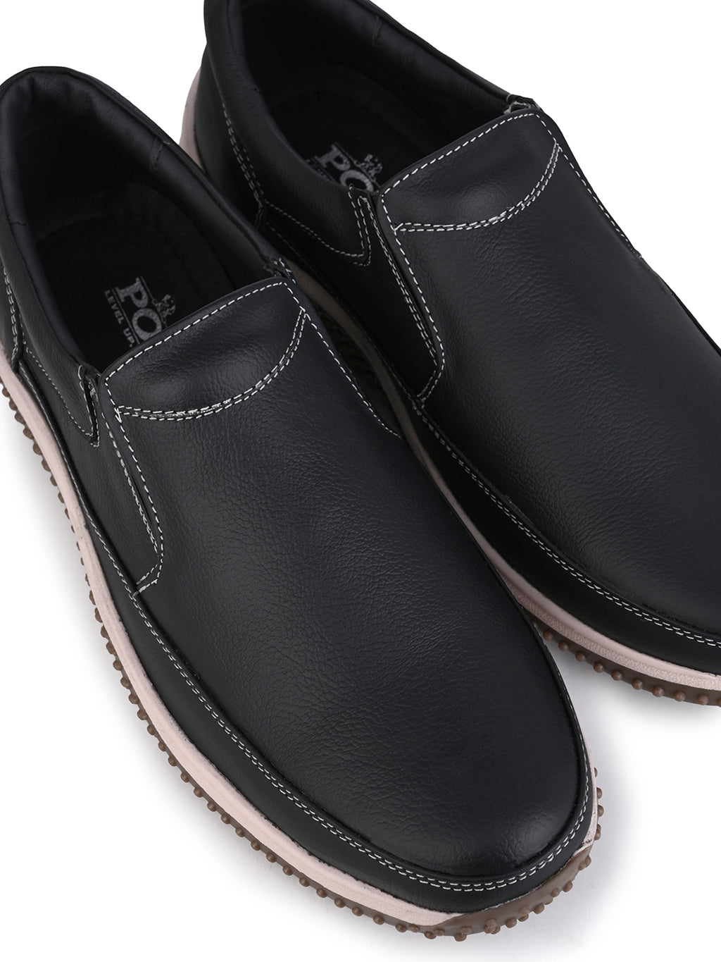 Men's Black Leather Slip-On Casual Sneakers with Contrast Stitching