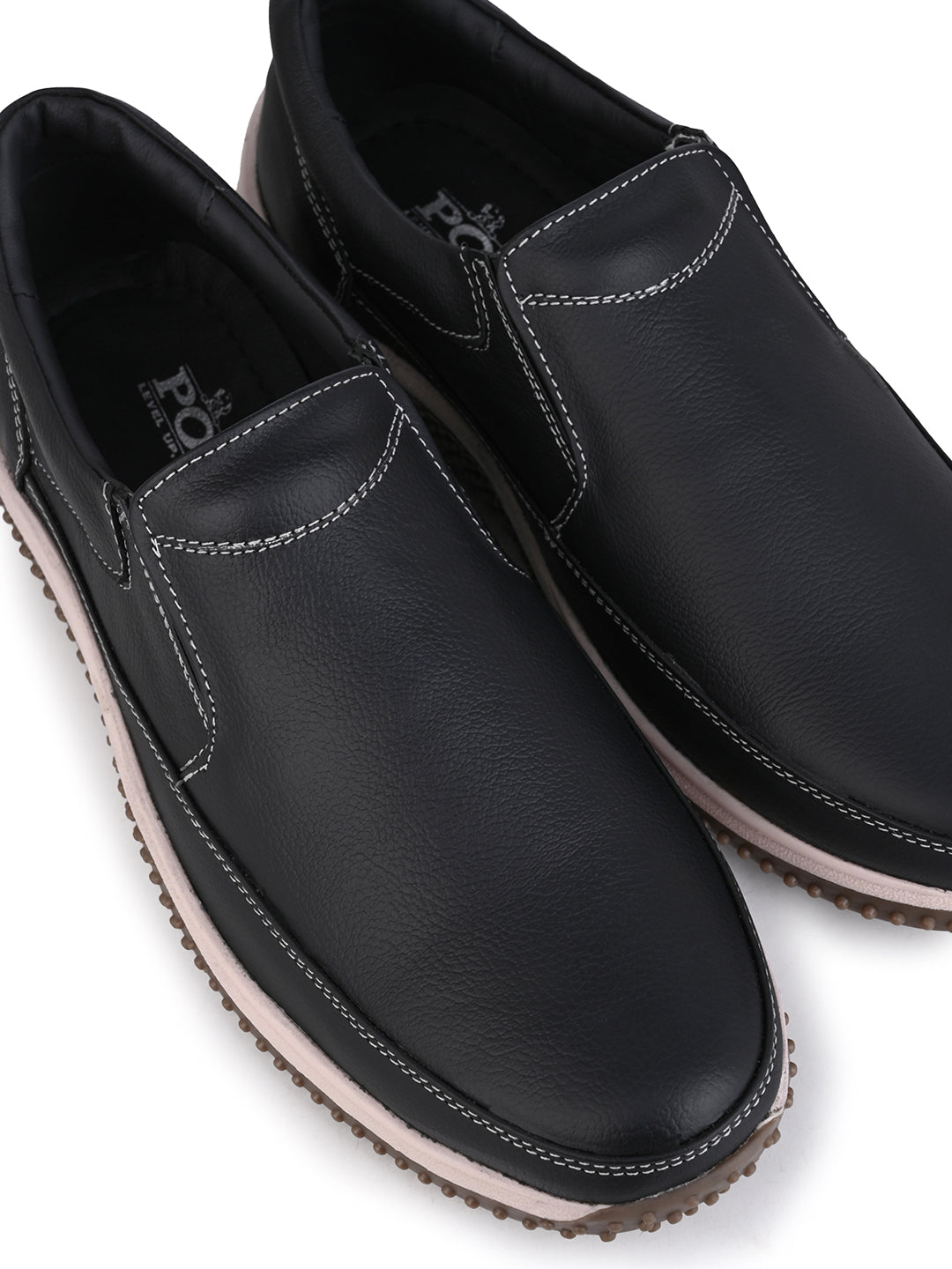 Men's Black Leather Slip-On Casual Sneakers with Contrast Stitching