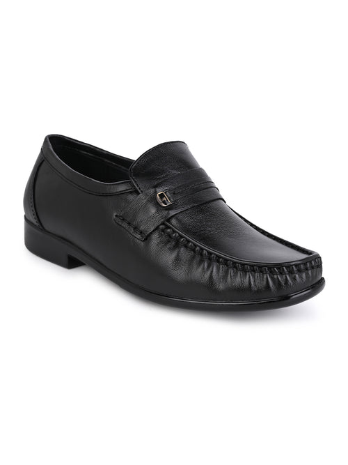 Men's Black Leather Formal Loafers with Buckle Detail