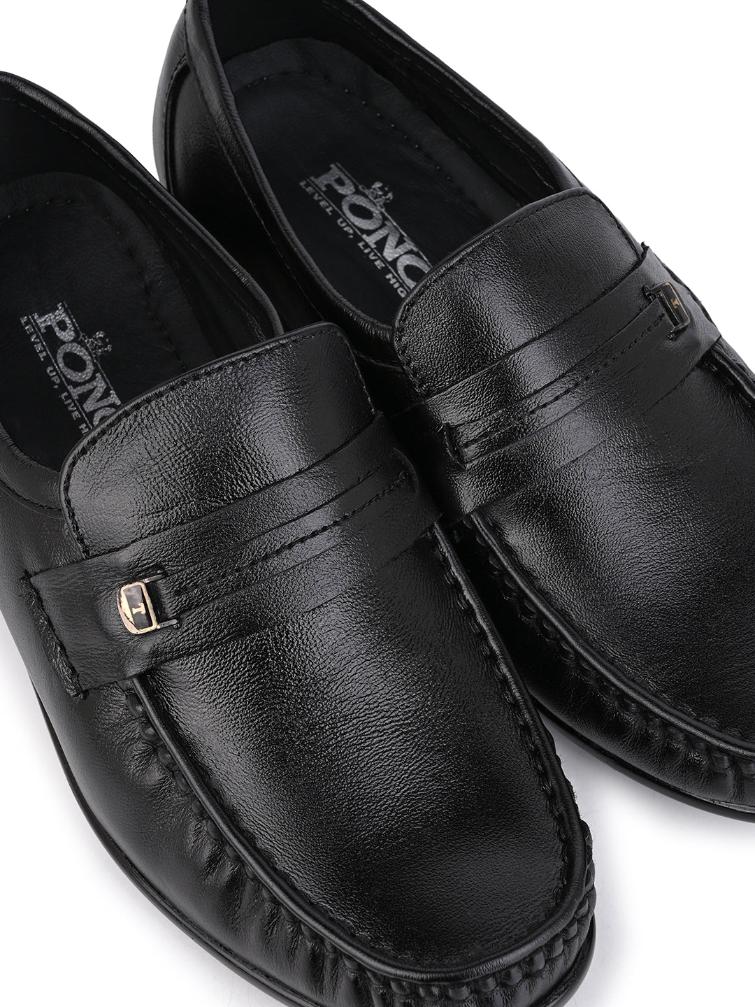 Men's Black Leather Formal Loafers with Buckle Detail