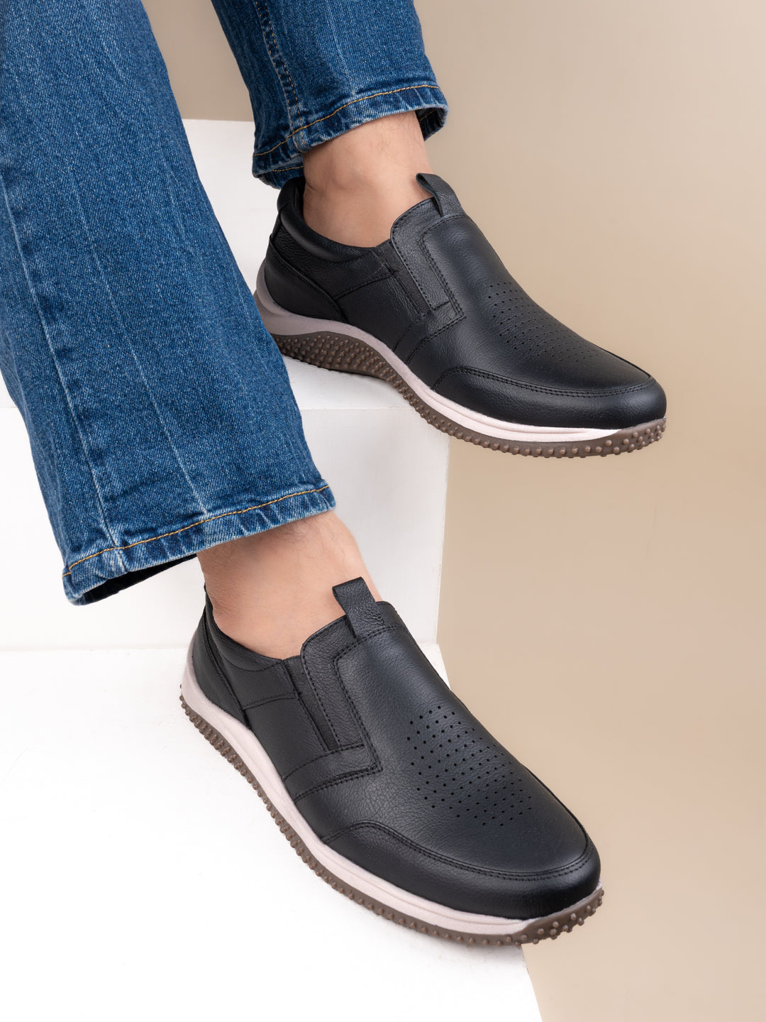 Men's Black Leather Slip-On Casual Sneakers