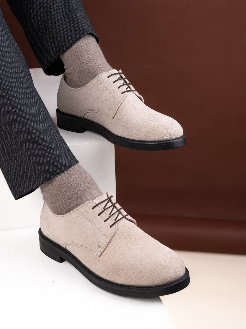 Men's Beige Suede Leather Derby Lace-Up Shoes