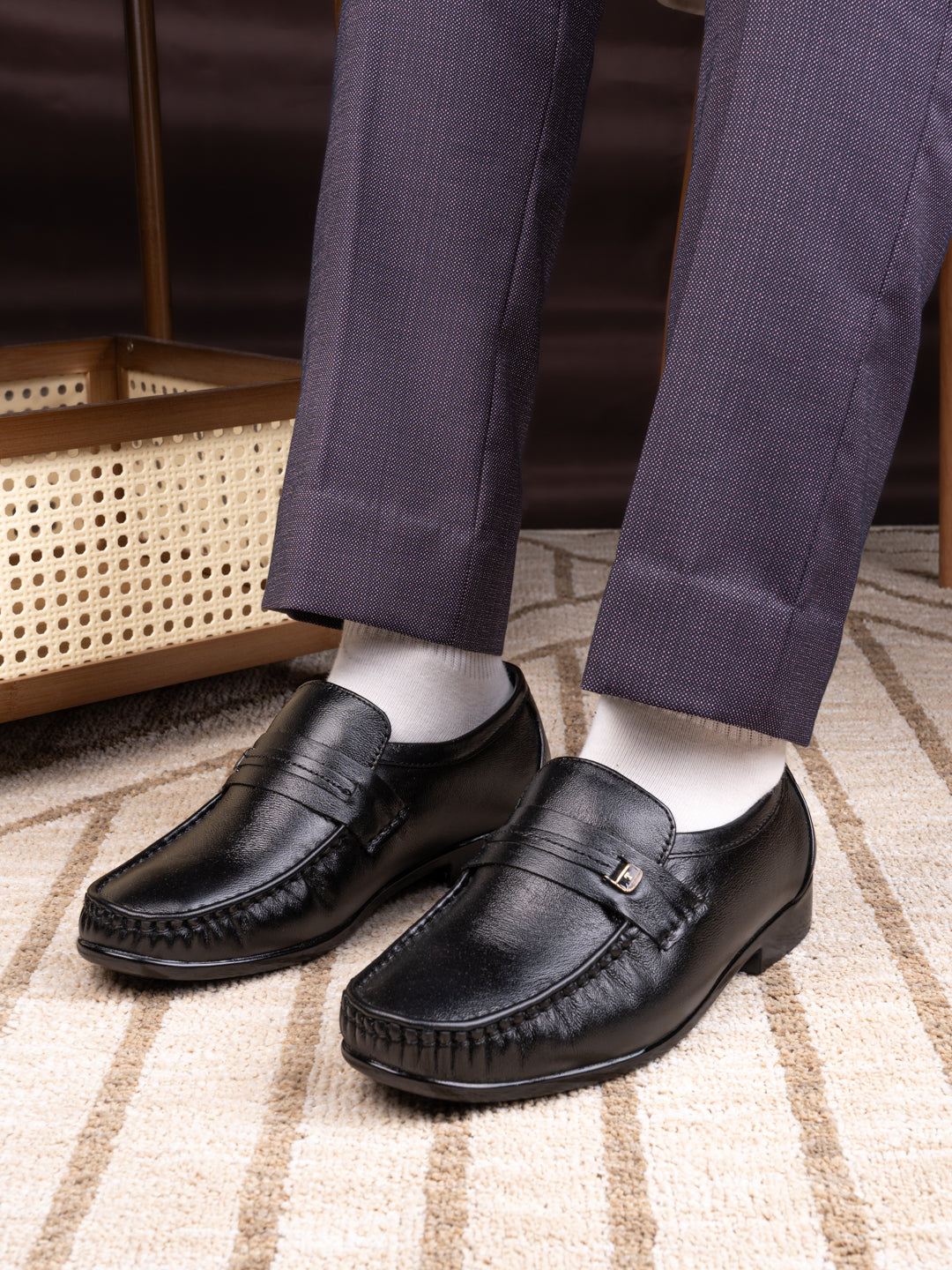 Men's Black Leather Formal Loafers with Buckle Detail