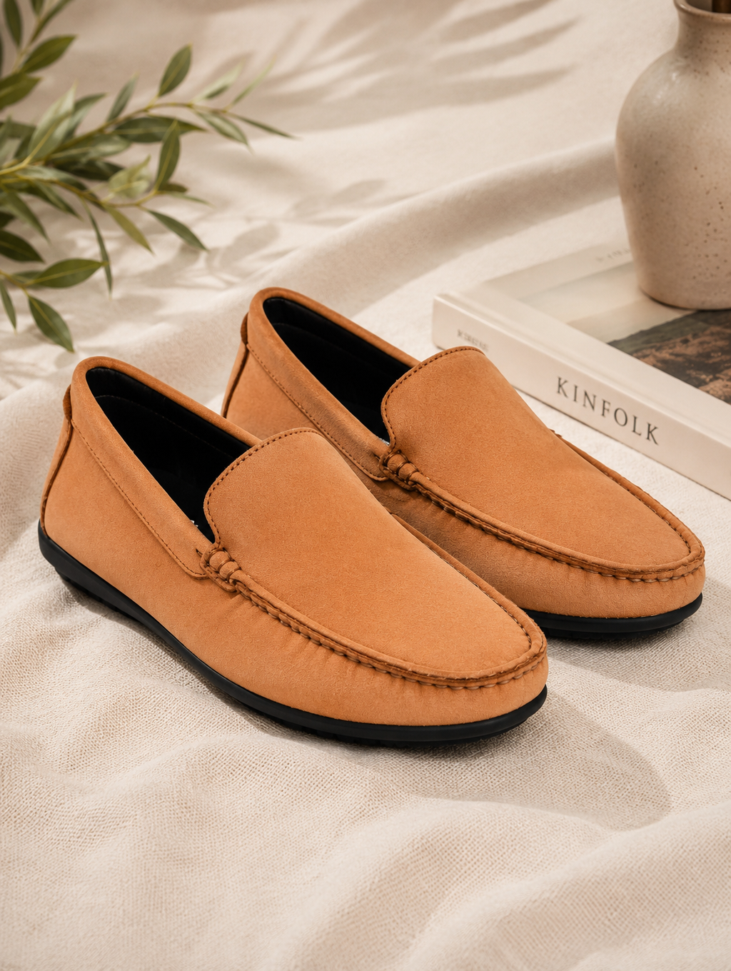 Men's Tan Nubuck Leather Slip-On Loafers