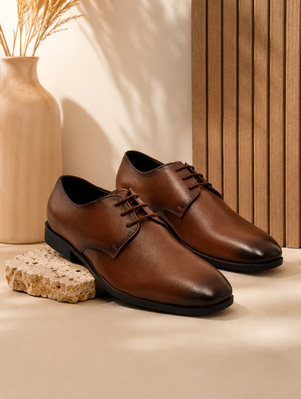 Men's Tan Leather Derby Formal Shoes – Elegant Lace-Up Dress Shoes