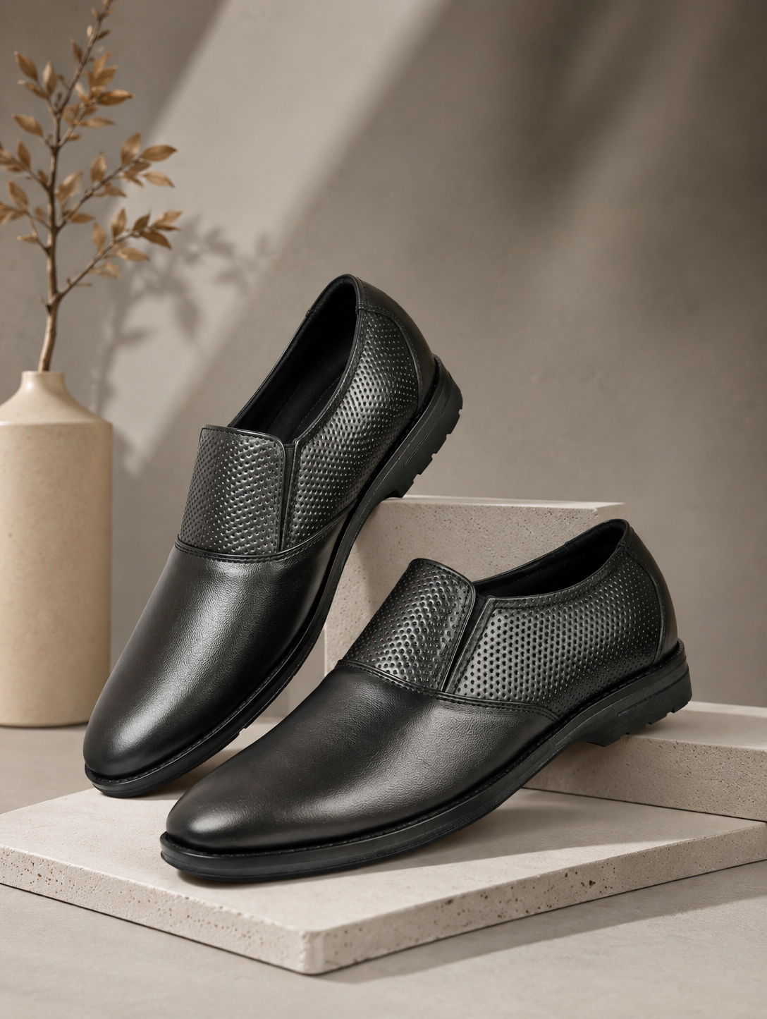 Men's Black Formal Slip-On Dress Shoes with Textured Side Panels