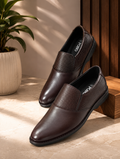 Men's Brown Formal Slip-On Dress Shoes with Textured Side Panels