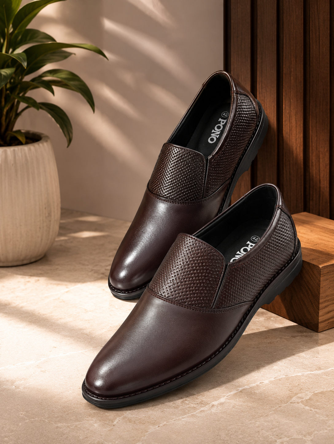 Men's Brown Formal Slip-On Dress Shoes with Textured Side Panels