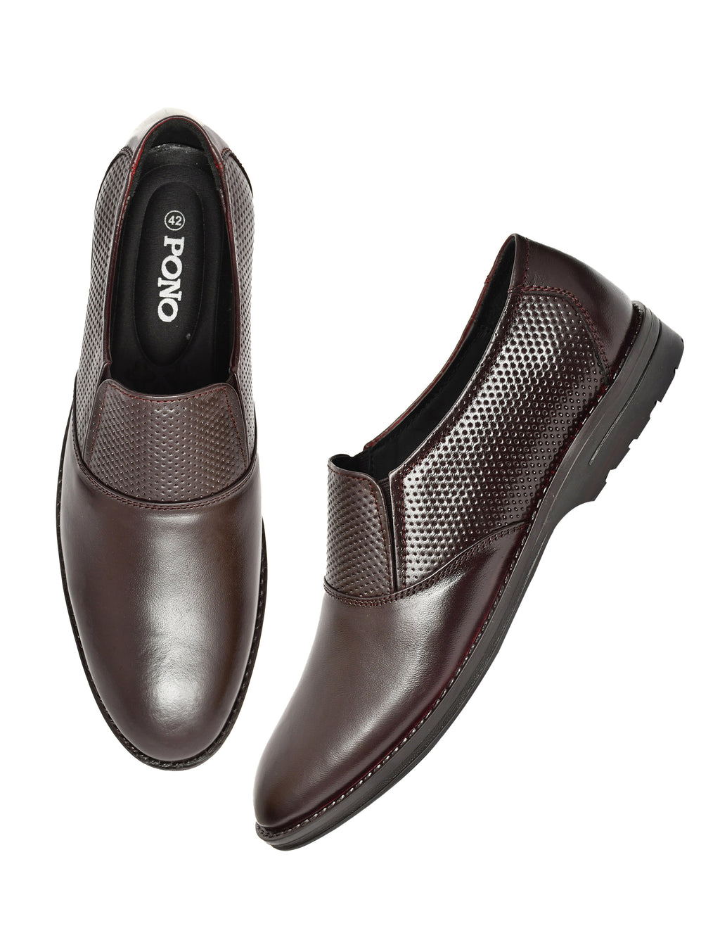 Men's Brown Formal Slip-On Dress Shoes with Textured Side Panels