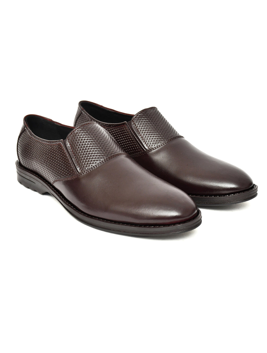 Men's Brown Formal Slip-On Dress Shoes with Textured Side Panels