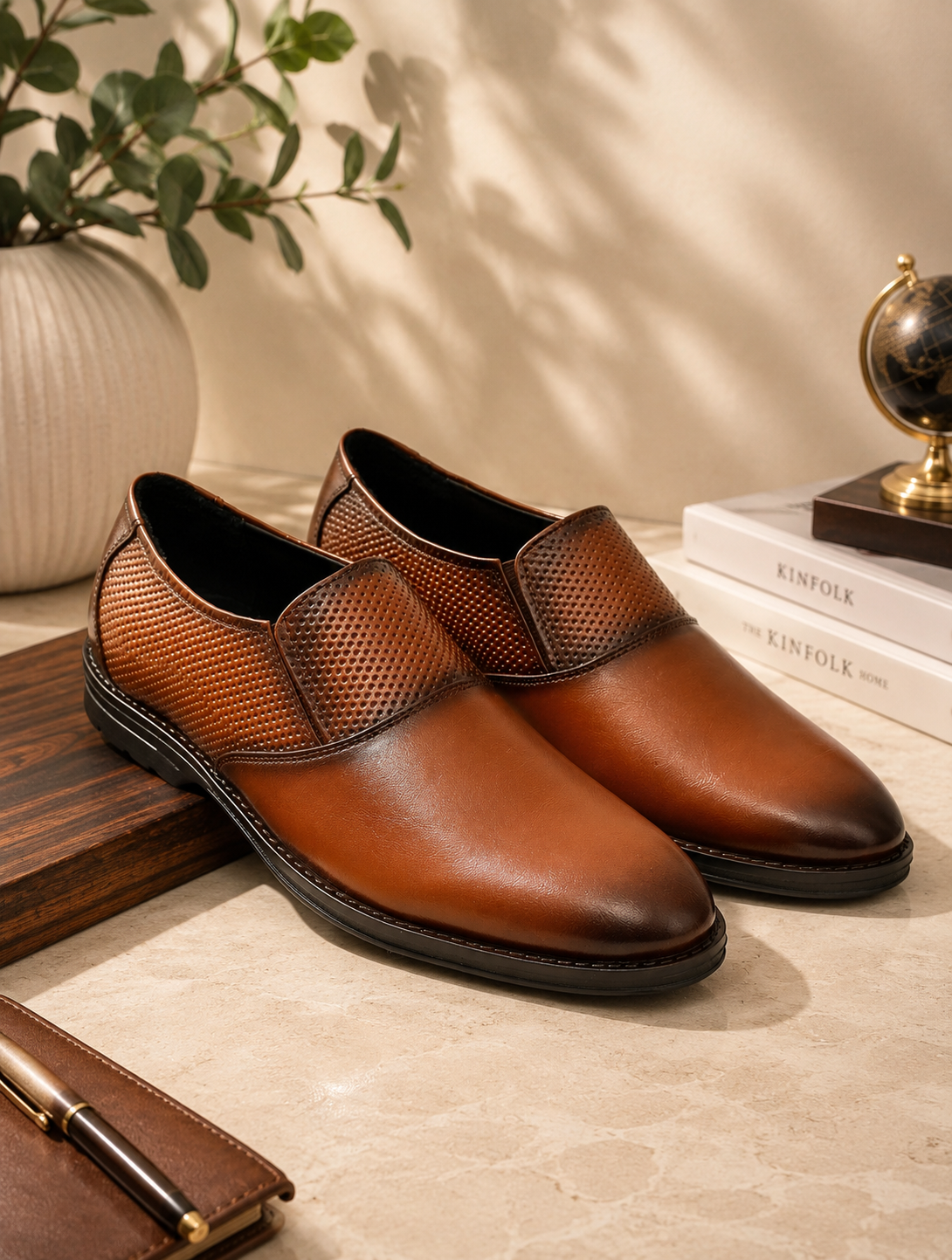 Men's Tan Formal Slip-On Dress Shoes with Textured Side Panels