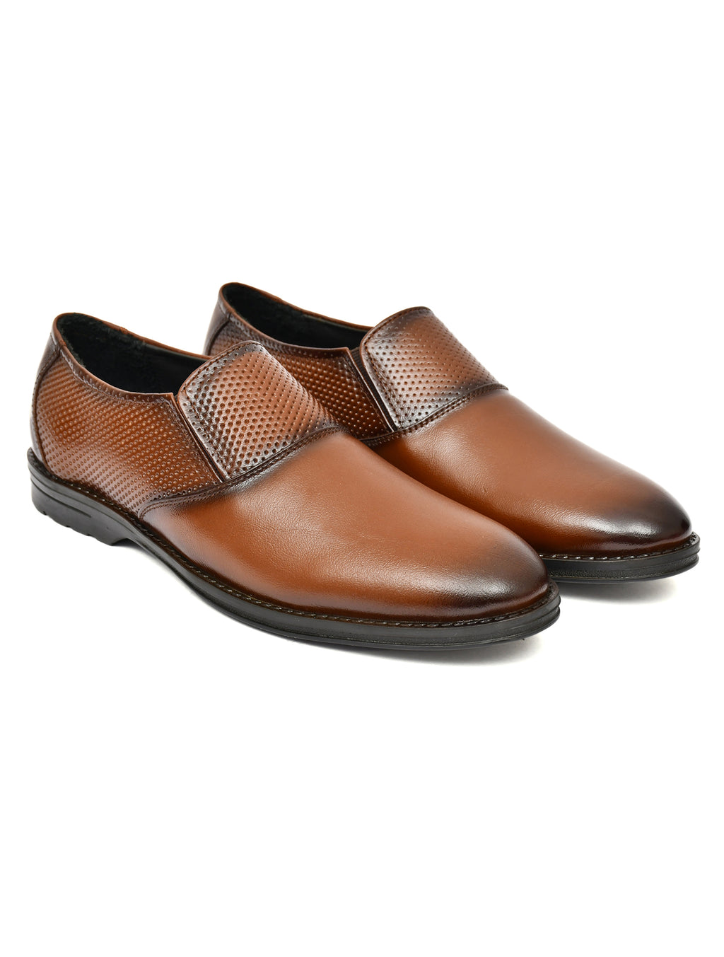 Men's Tan Formal Slip-On Dress Shoes with Textured Side Panels