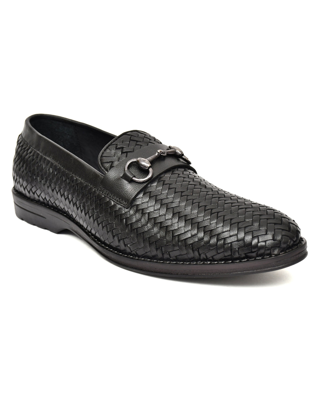 PONO Men's Black Handwoven Leather Horsebit Loafers – Premium Formal Slip-On Shoes