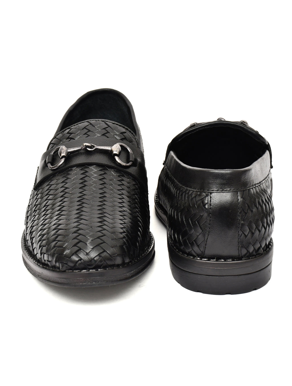 PONO Men's Black Handwoven Leather Horsebit Loafers – Premium Formal Slip-On Shoes