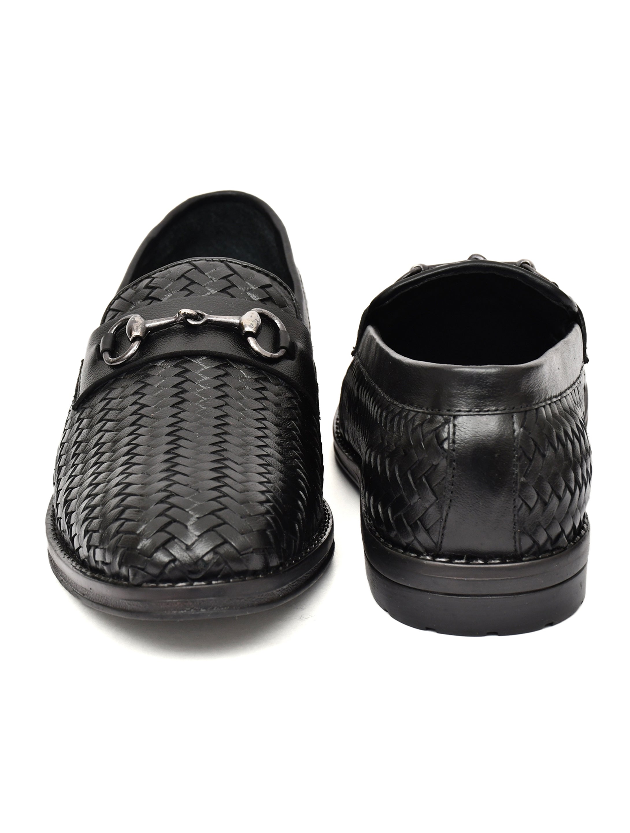 PONO Men's Black Handwoven Leather Horsebit Loafers – Premium Formal Slip-On Shoes