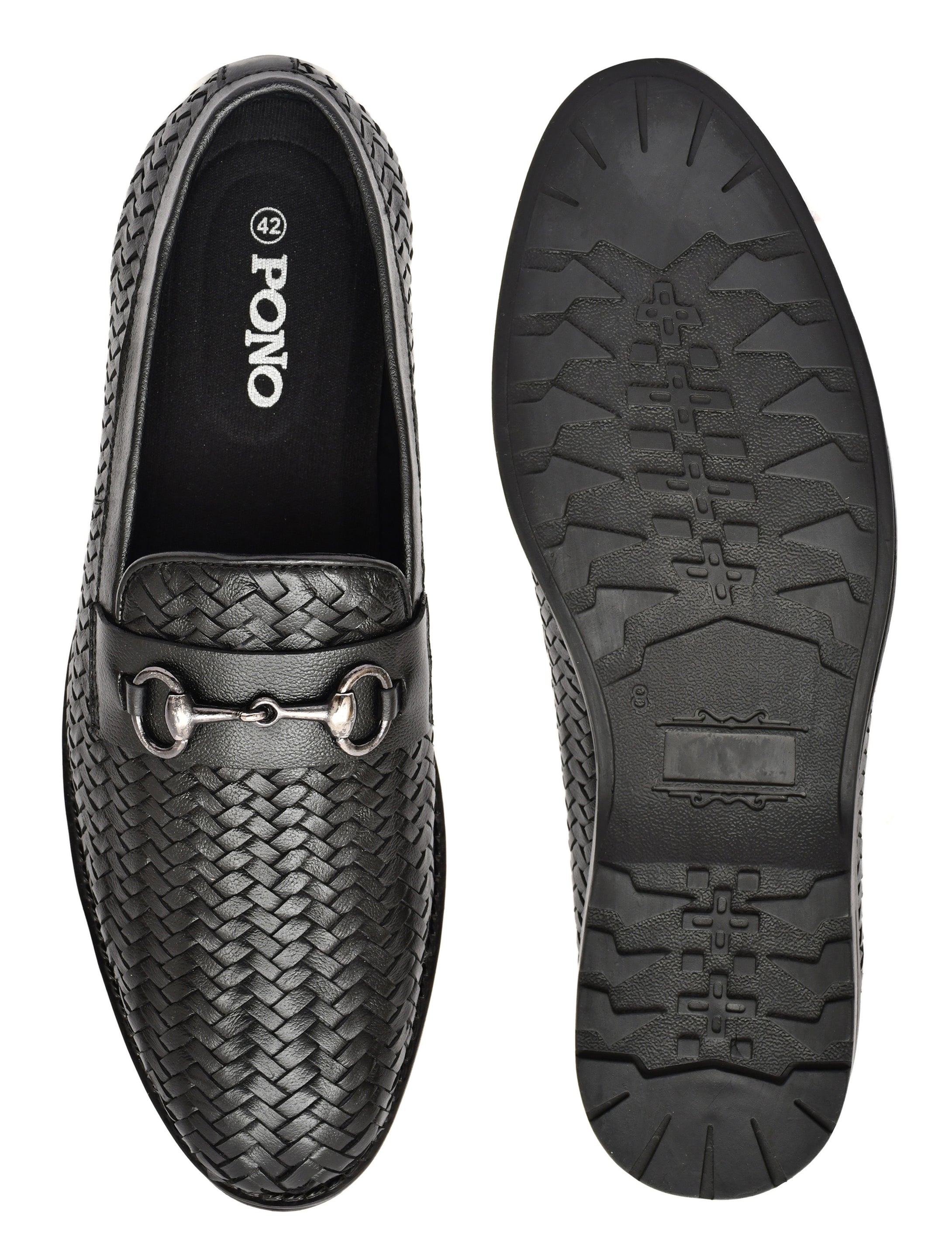 PONO Men's Black Handwoven Leather Horsebit Loafers – Premium Formal Slip-On Shoes