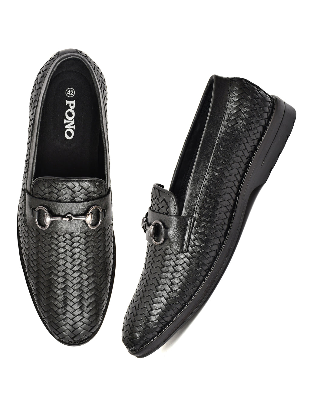 PONO Men's Black Handwoven Leather Horsebit Loafers – Premium Formal Slip-On Shoes