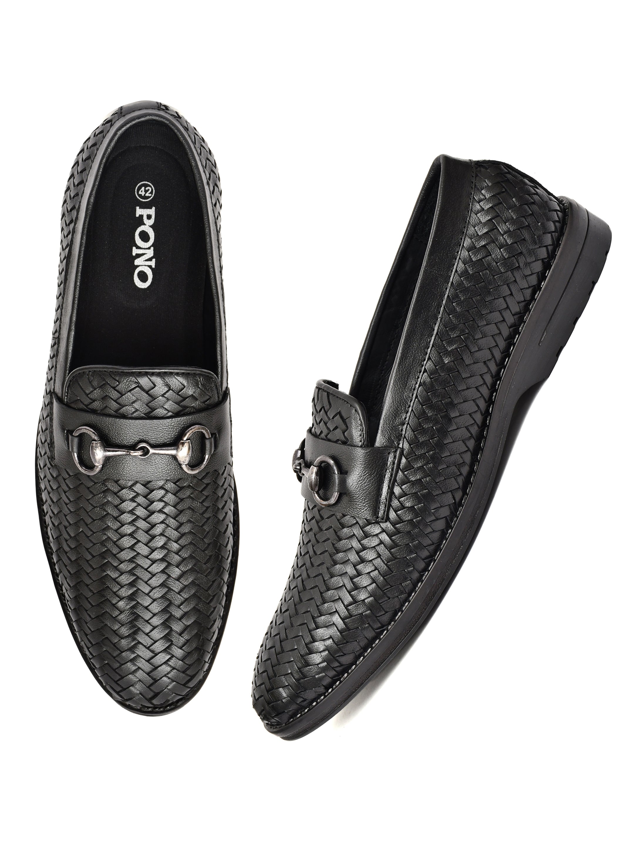 PONO Men's Black Handwoven Leather Horsebit Loafers – Premium Formal Slip-On Shoes