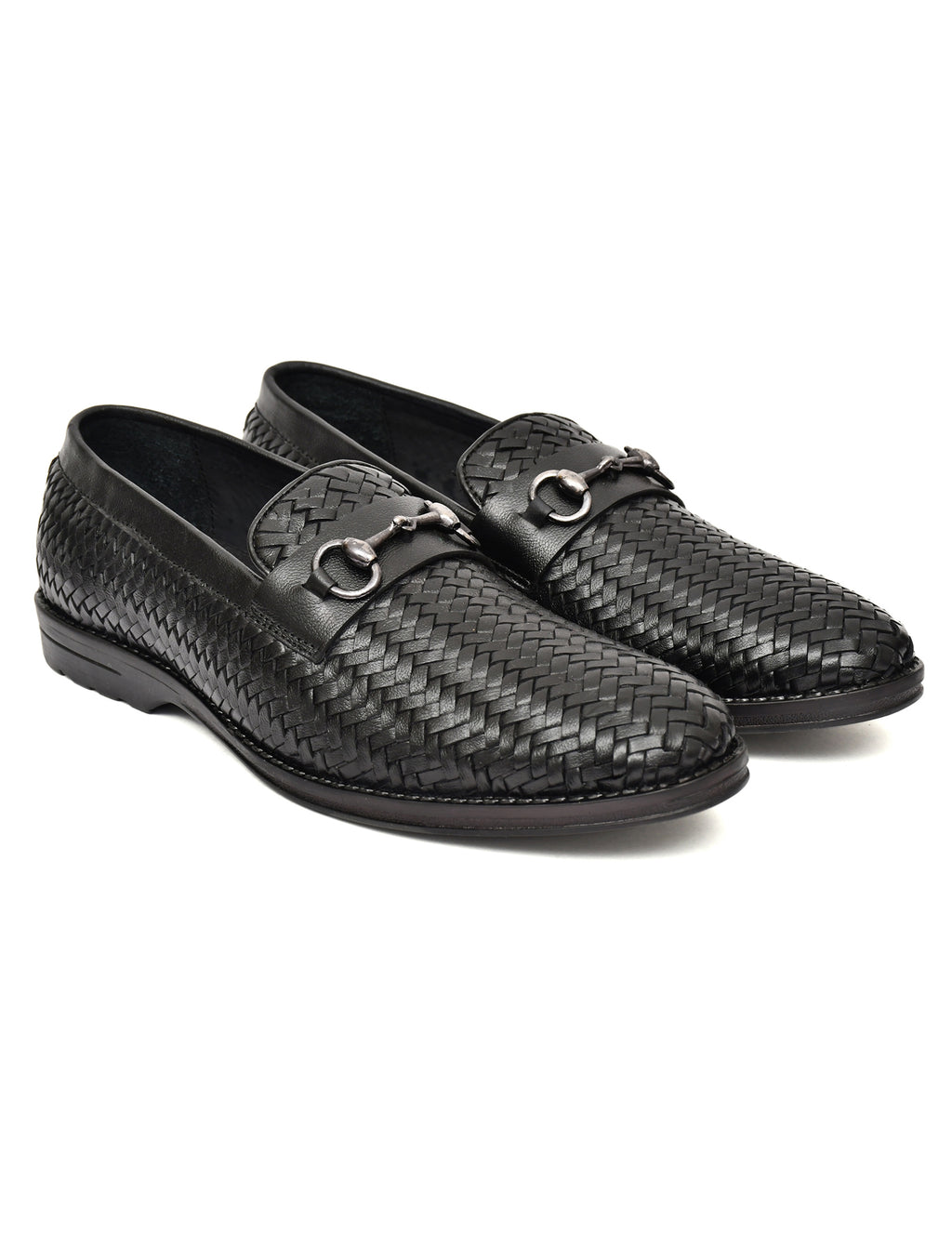 PONO Men's Black Handwoven Leather Horsebit Loafers – Premium Formal Slip-On Shoes