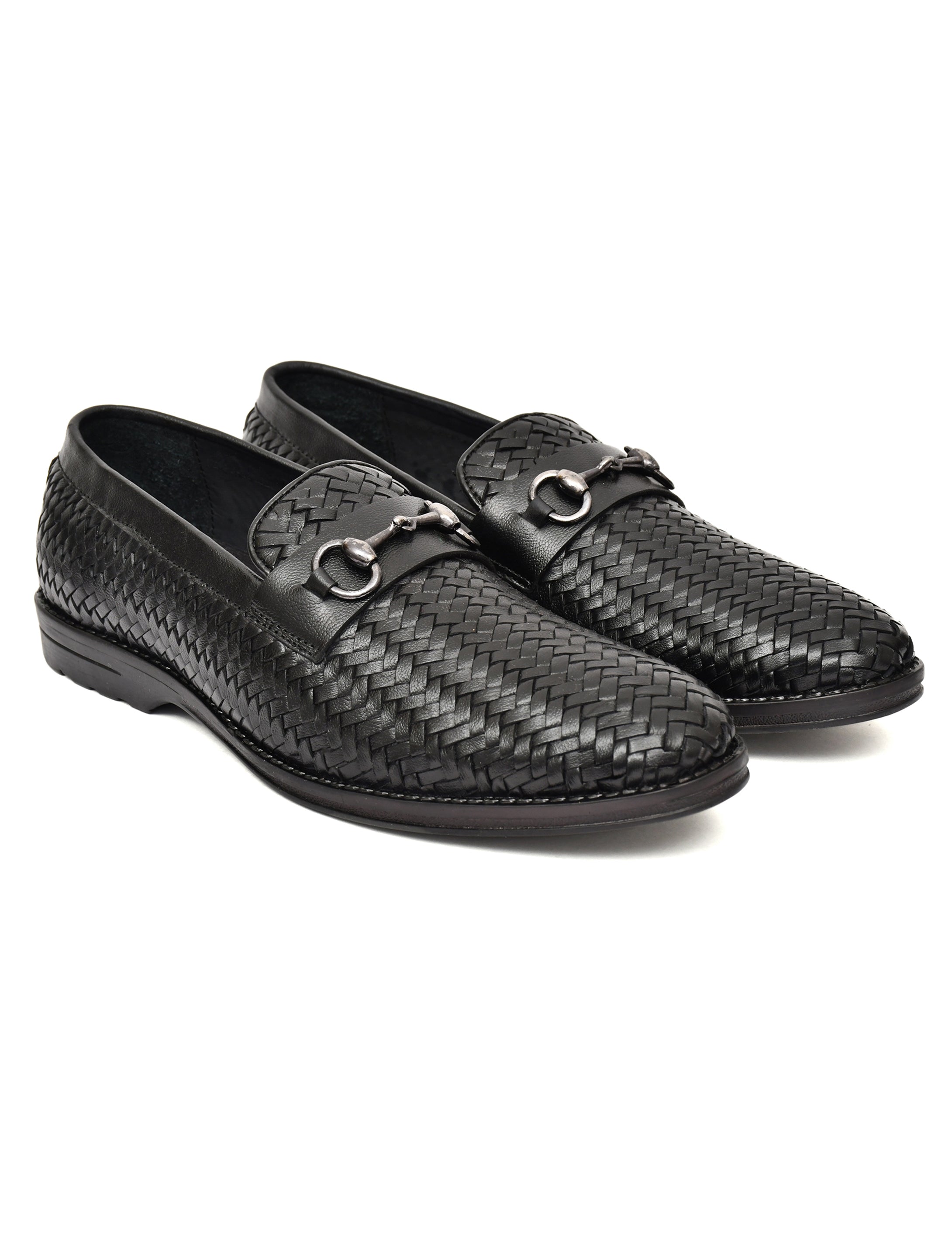 PONO Men's Black Handwoven Leather Horsebit Loafers – Premium Formal Slip-On Shoes