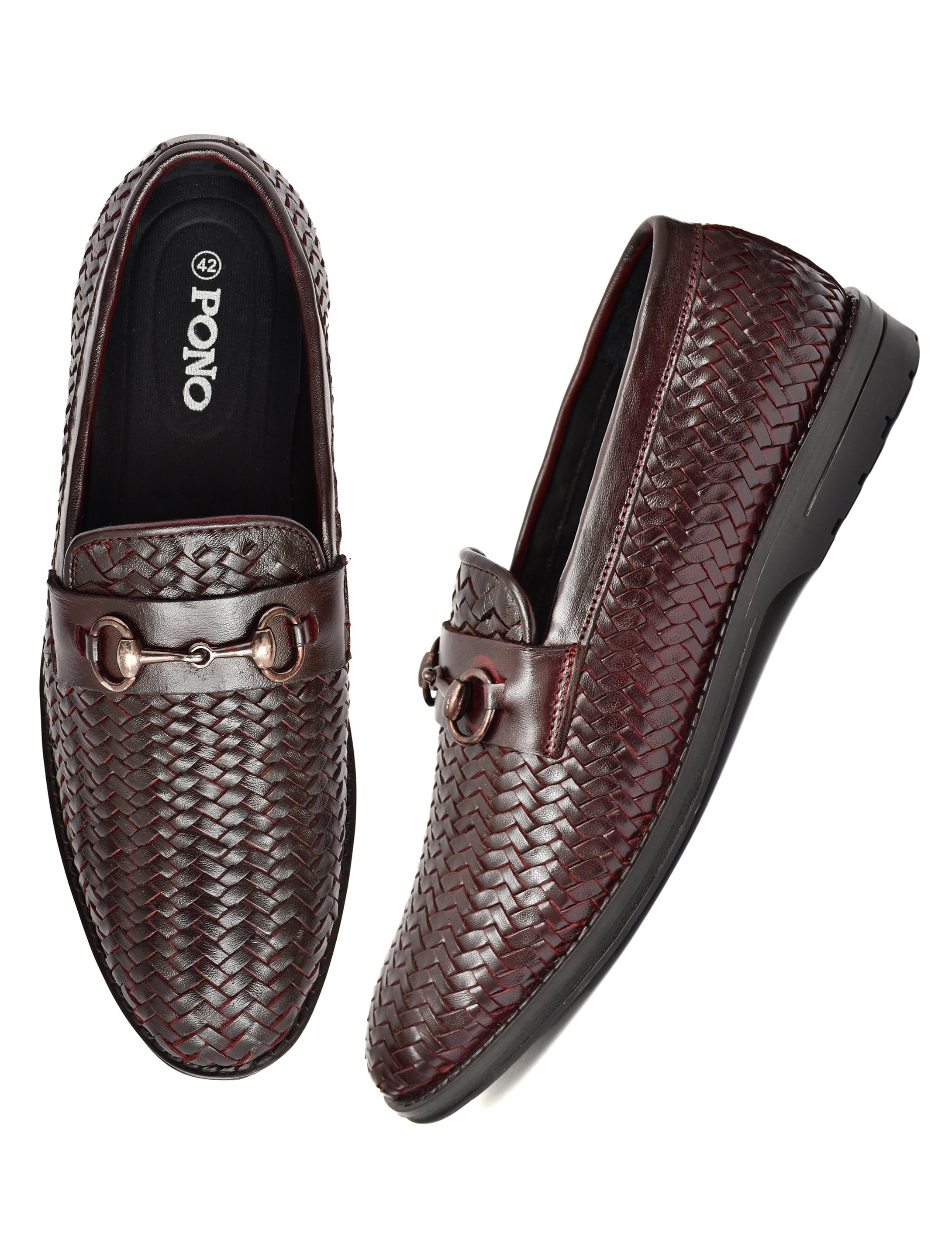 PONO Men's Brown Handwoven Leather Horsebit Loafers – Premium Formal Slip-On Shoes