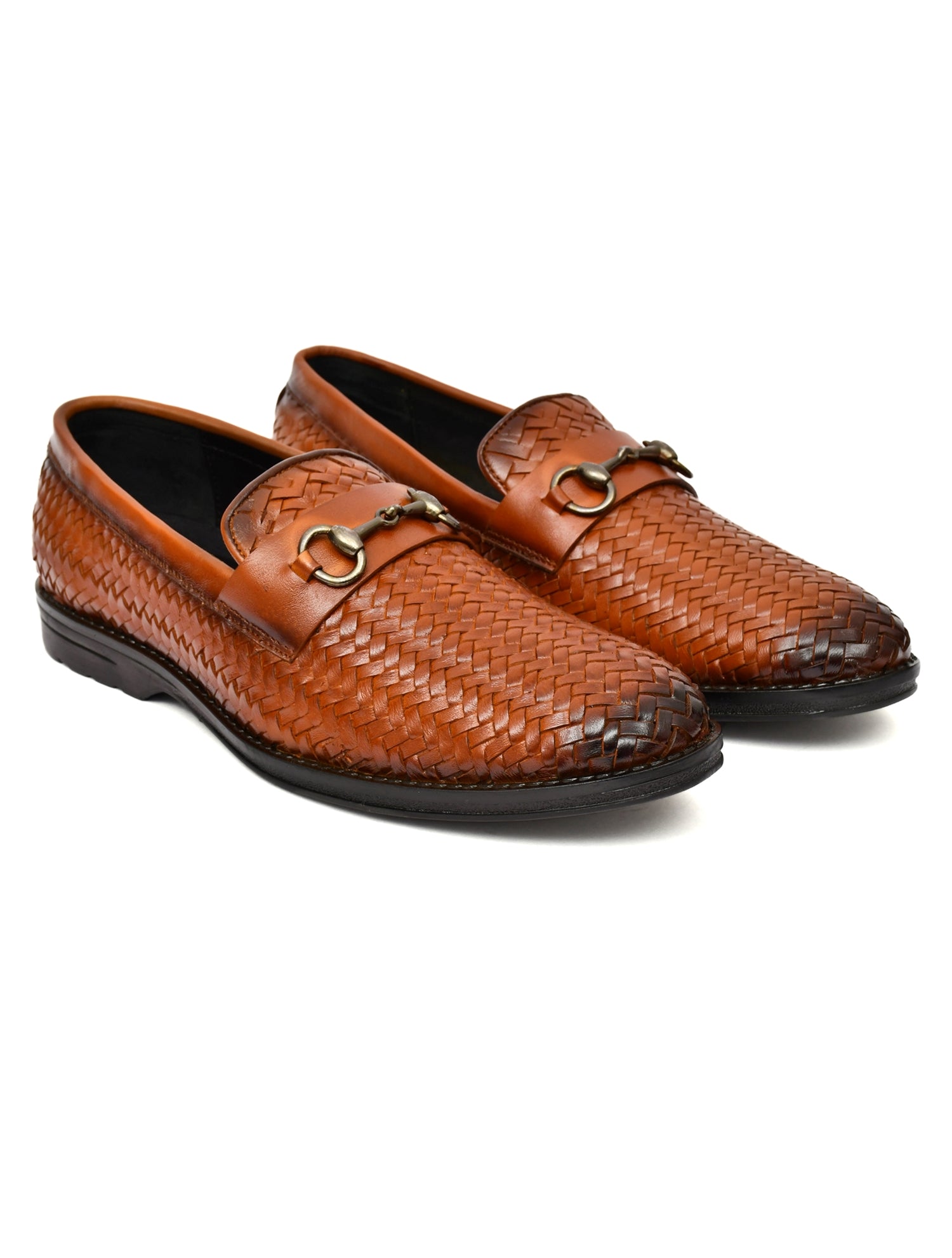 PONO Men's Tan Handwoven Leather Horsebit Loafers – Premium Formal Slip-On Shoes