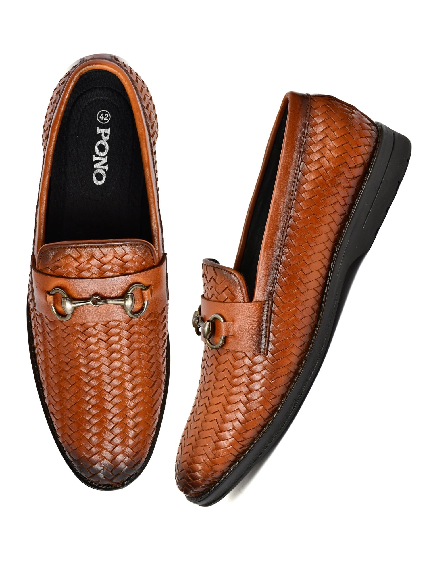 PONO Men's Tan Handwoven Leather Horsebit Loafers – Premium Formal Slip-On Shoes