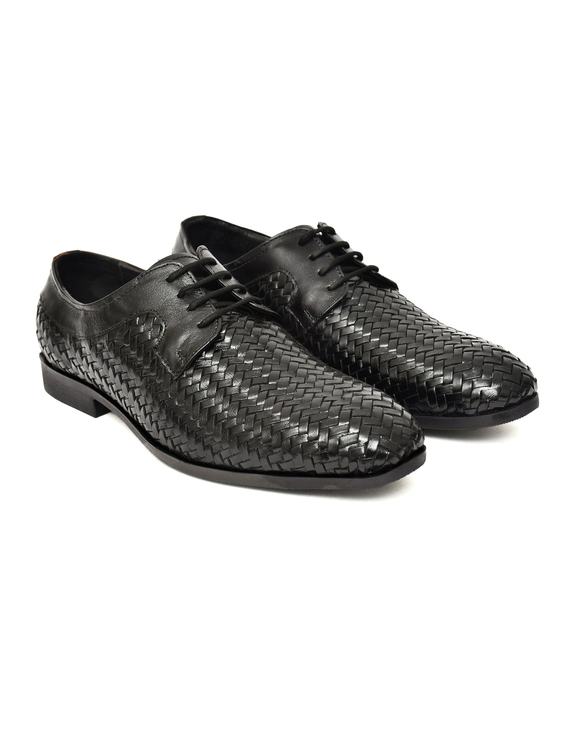 PONO Men's Black Handwoven Leather Derby Shoes – Premium Formal Lace-Up Shoes
