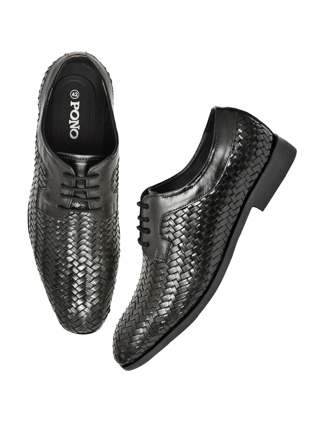 PONO Men's Black Handwoven Leather Derby Shoes – Premium Formal Lace-Up Shoes