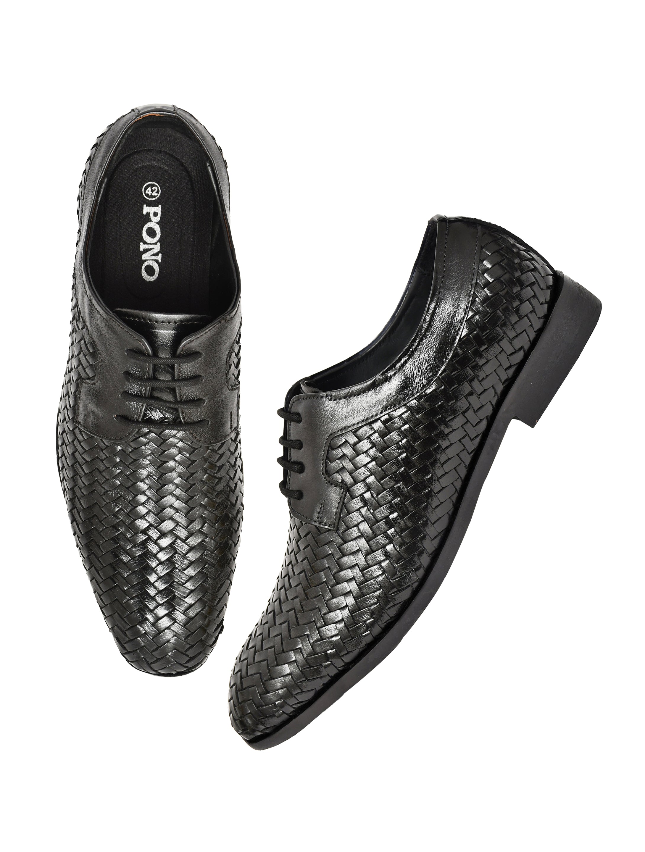 PONO Men's Black Handwoven Leather Derby Shoes – Premium Formal Lace-Up Shoes