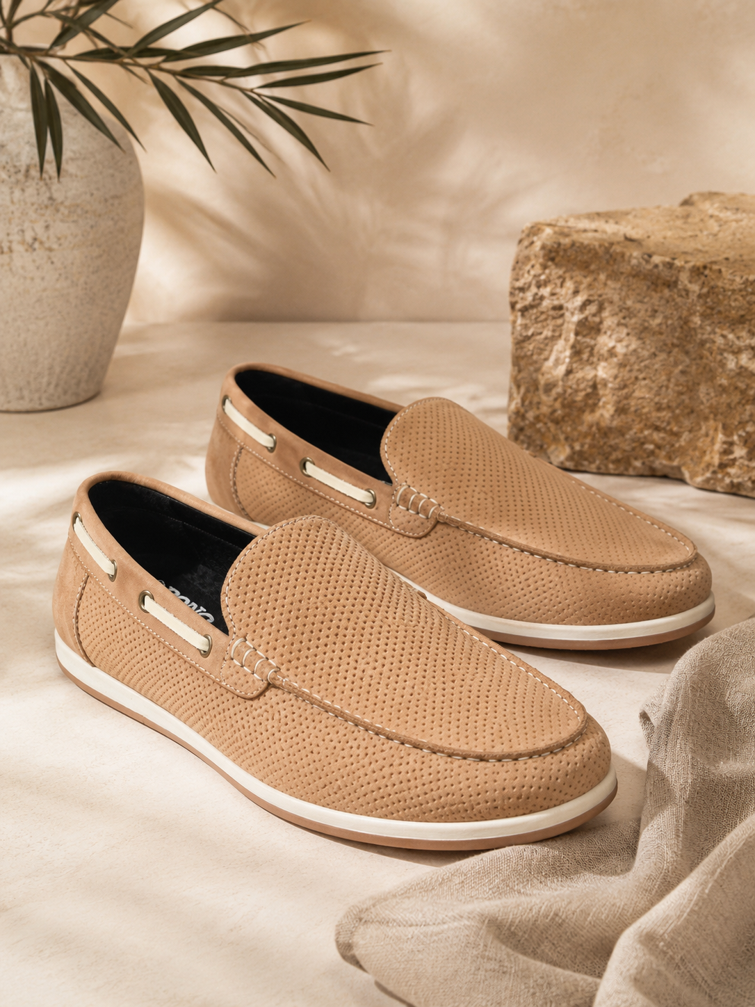 Premium Camel Textured Nubuck Leather Slip-On Loafers for Men | Casual Comfort Shoes