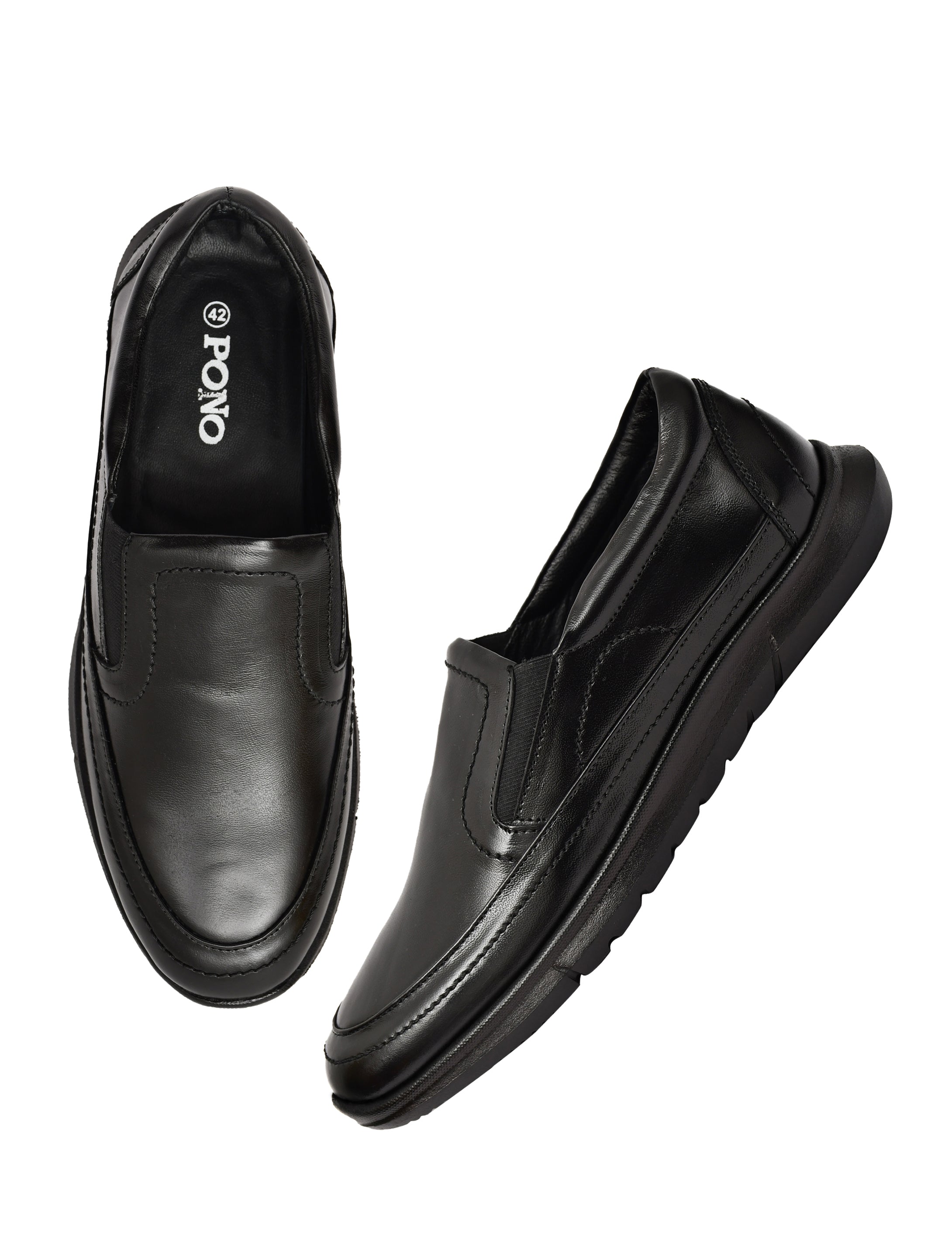 PONO Zero Gravity Men's Black Leather Slip-On Shoes – Ultra-Lightweight Comfort Walking Shoes
