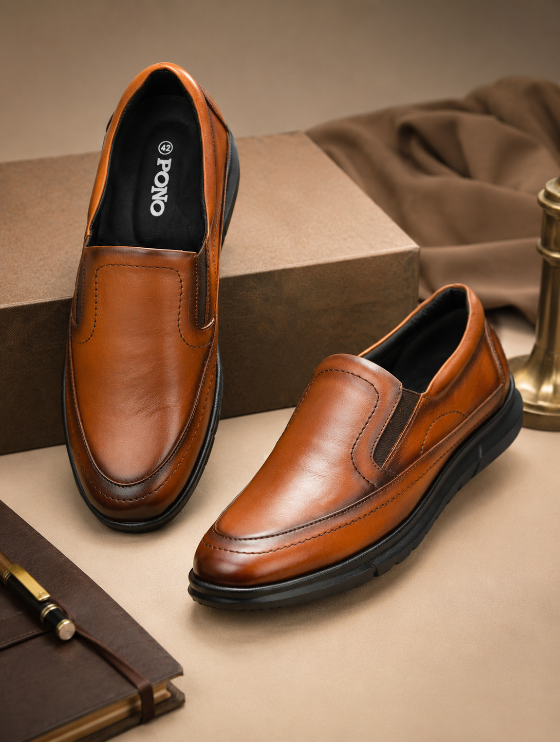 PONO Zero Gravity Men's Tan Leather Slip-On Shoes – Ultra-Lightweight Comfort Walking Shoes