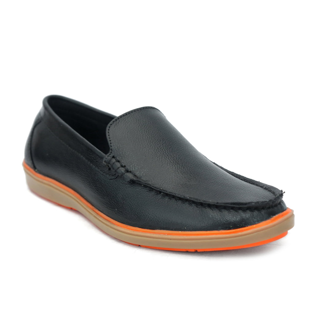 Classic Black Leather Slip-On Loafers with Contrast Orange Sole