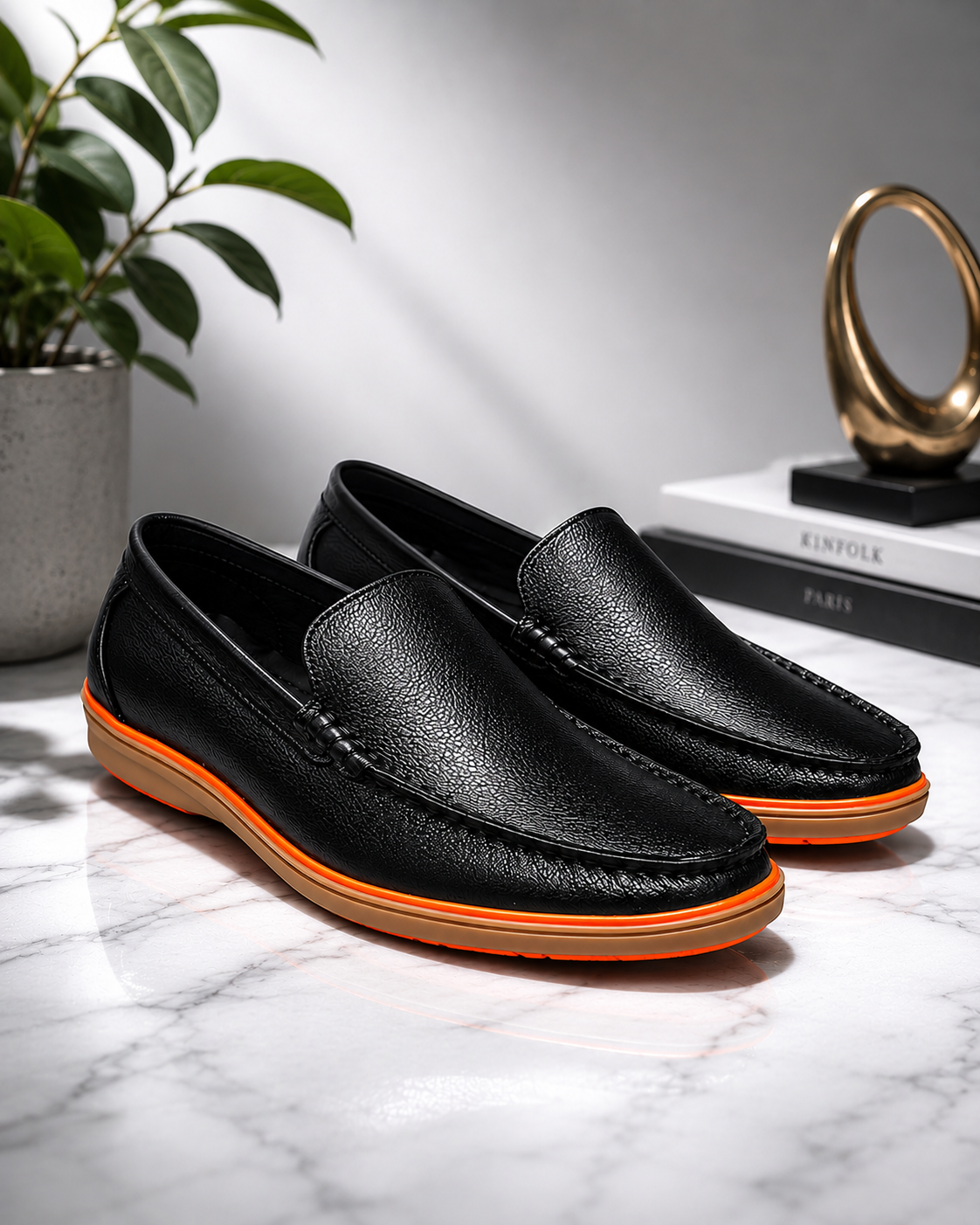 Classic Black Leather Slip-On Loafers with Contrast Orange Sole