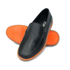 Classic Black Leather Slip-On Loafers with Contrast Orange Sole