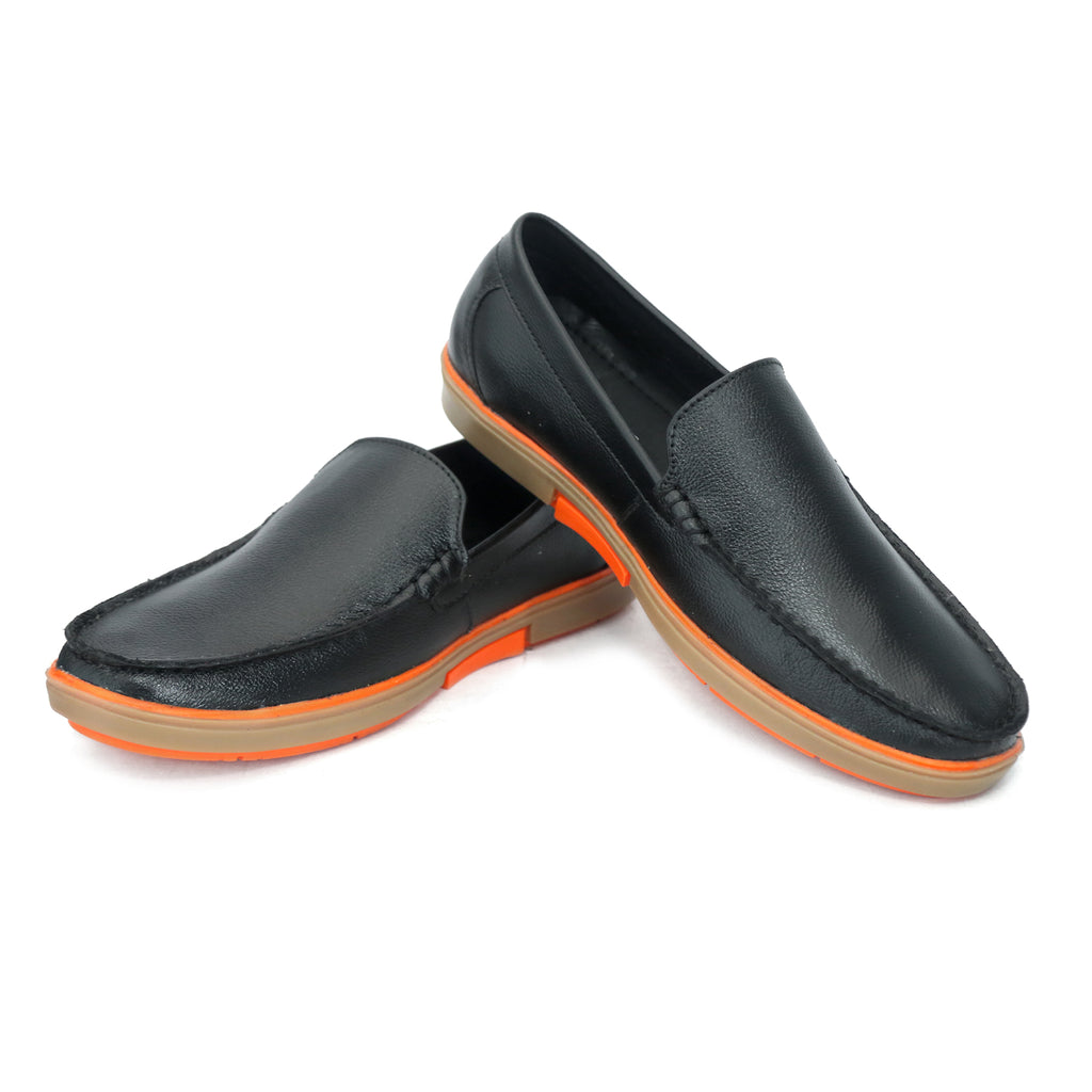 Classic Black Leather Slip-On Loafers with Contrast Orange Sole