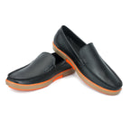 Classic Black Leather Slip-On Loafers with Contrast Orange Sole
