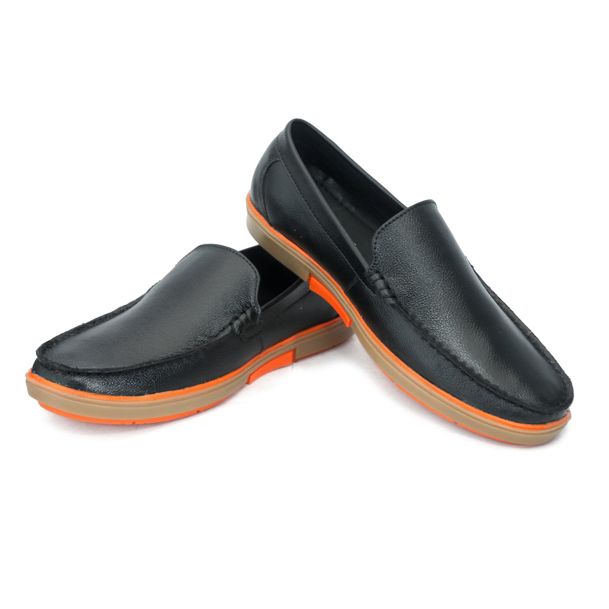 Classic Black Leather Slip-On Loafers with Contrast Orange Sole