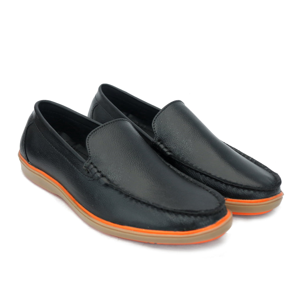 Classic Black Leather Slip-On Loafers with Contrast Orange Sole