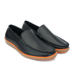 Classic Black Leather Slip-On Loafers with Contrast Orange Sole