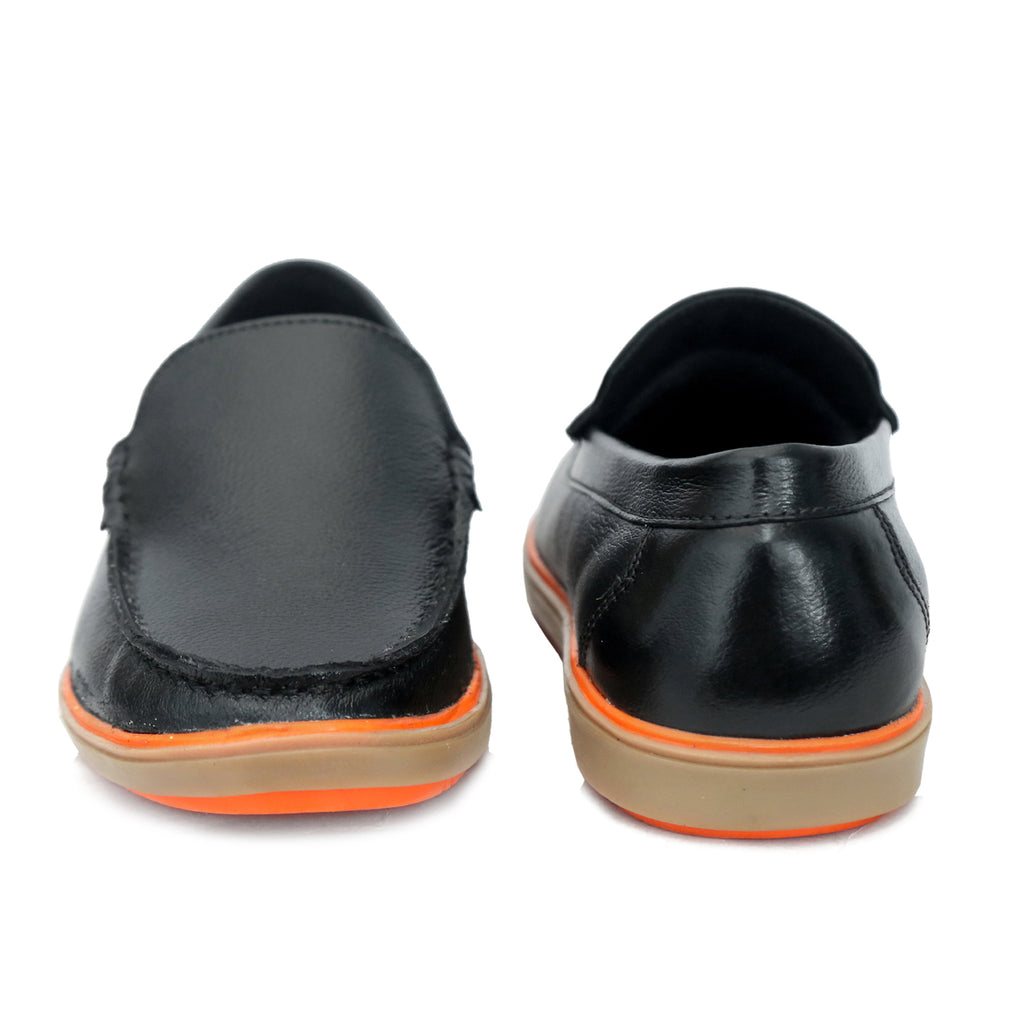 Classic Black Leather Slip-On Loafers with Contrast Orange Sole