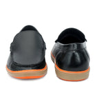Classic Black Leather Slip-On Loafers with Contrast Orange Sole