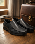 Black formal slip-on with moccasin stitching and ribbed sole: