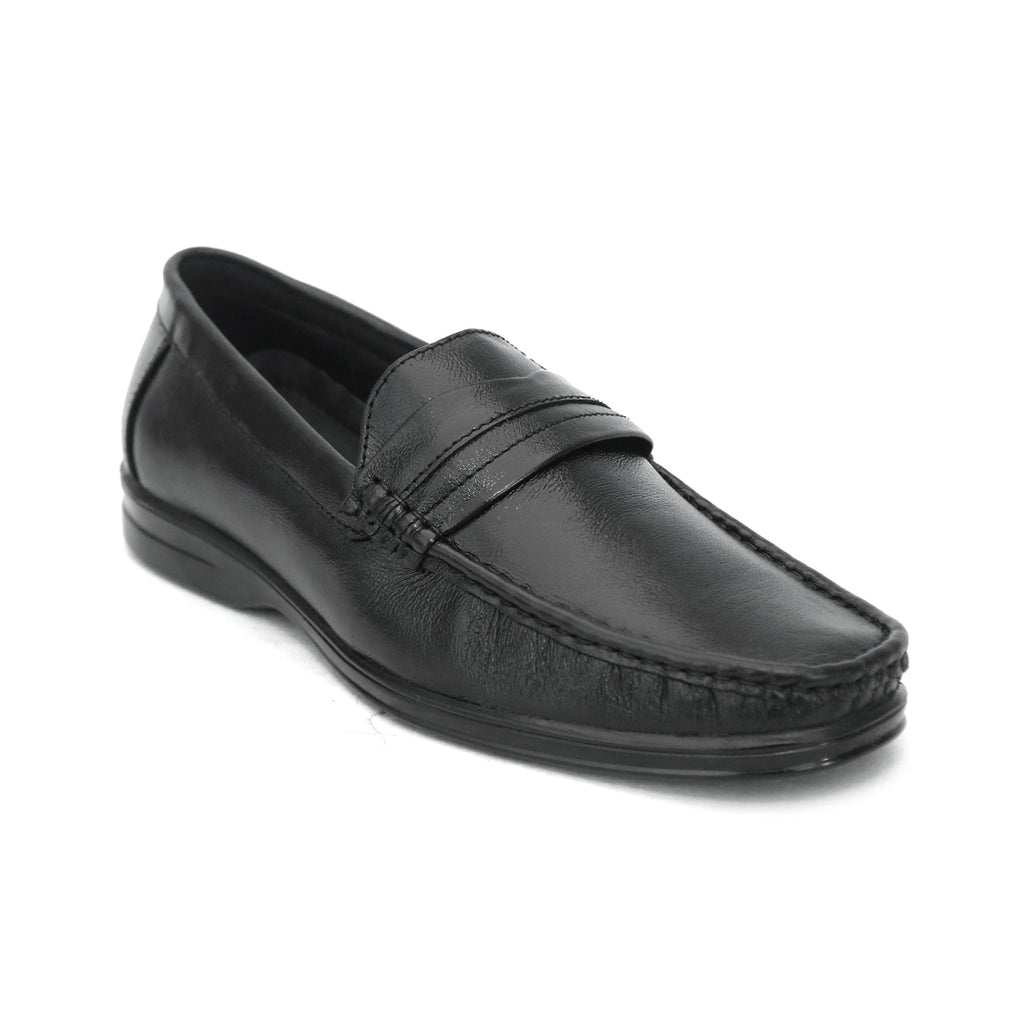 Black penny loafer with saddle strap and moccasin stitching: